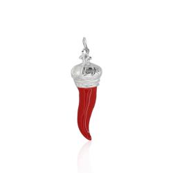 Ciondolo corno con corona mm 27 in argento 925 con smalto rosso